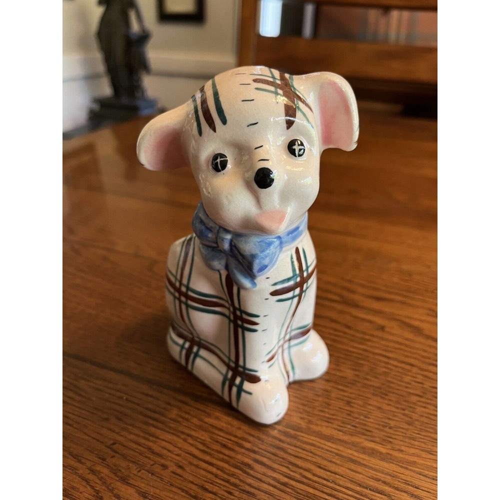 Vintage Japan Ceramic Plaid Puppy Dog Planter Pencil Holder Kitschy MCM